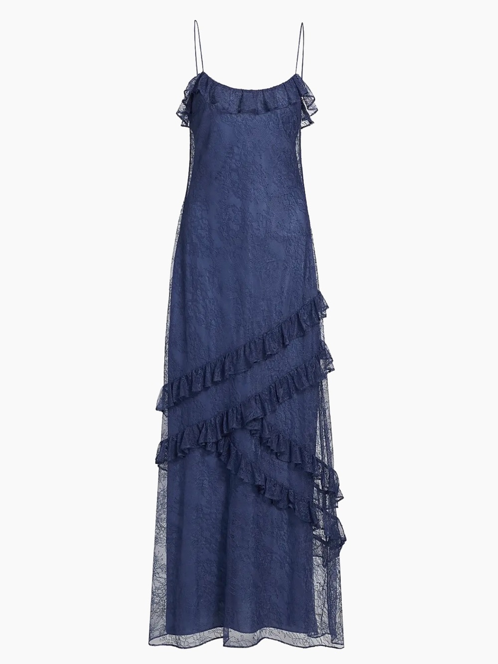 Cami NYC Navy Ruffle Lace Maxi Dress with Spaghetti Straps